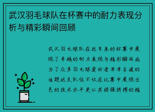 武汉羽毛球队在杯赛中的耐力表现分析与精彩瞬间回顾